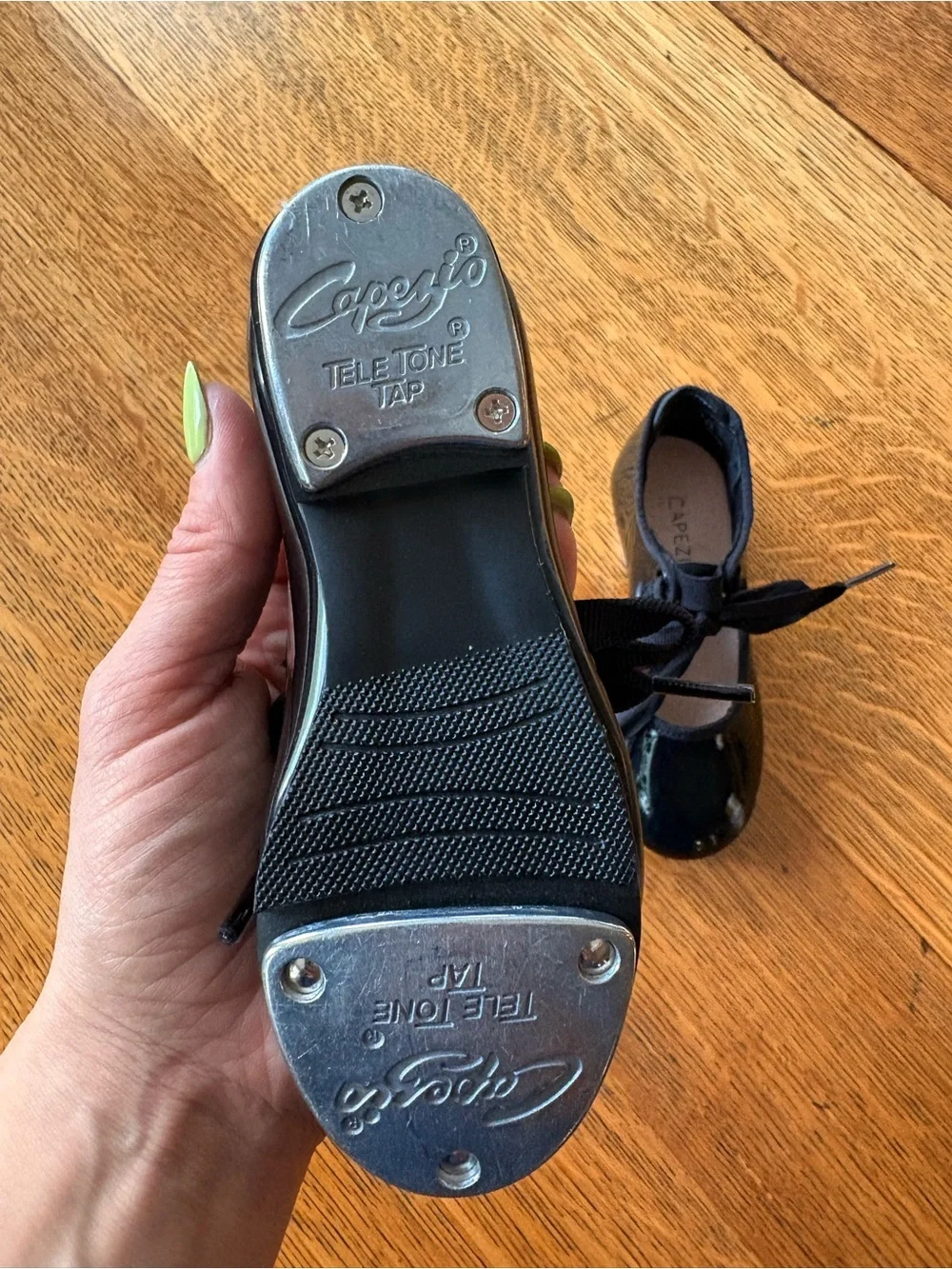 Capezio Black Patent Mary Jane Tap Shoes with Ribbon Tie